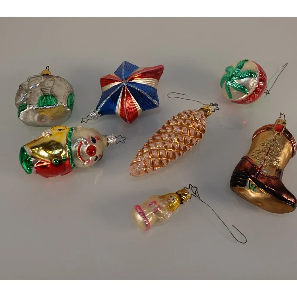 Lot of 7 Vintage Germany Inge Glas Blown Hand Painted Ornaments Boot Clown Pine